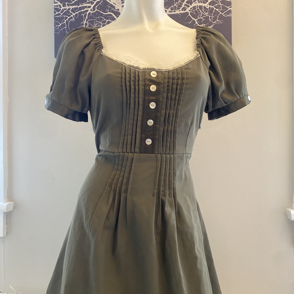 Olive Green Pleated Babydoll Midi Dress